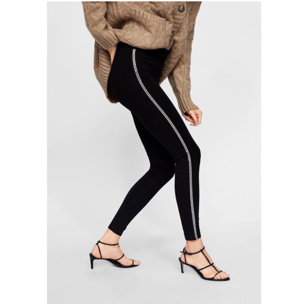 ZARA Black Leggings with Side Leg RHINESTONES Size Small